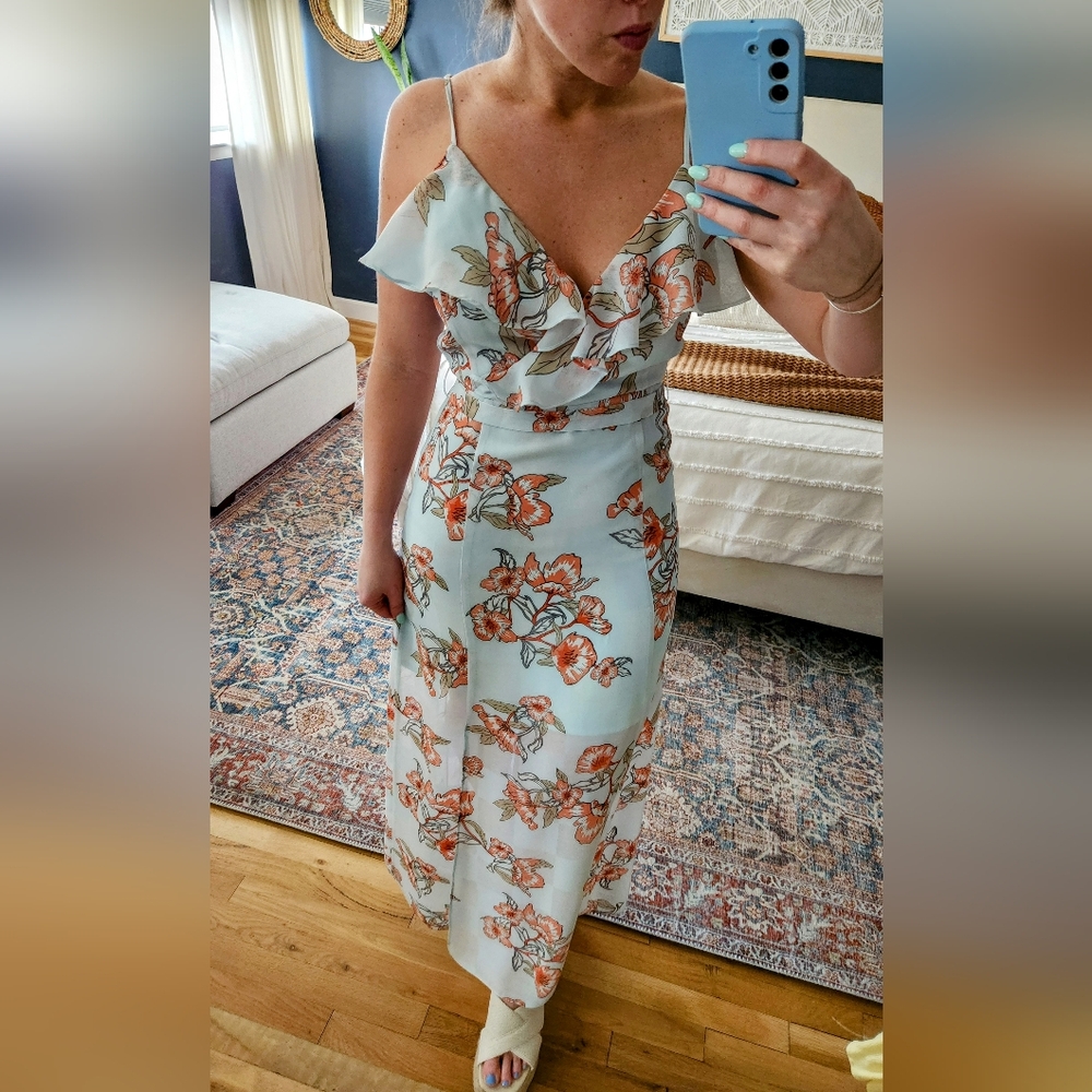 NWT J.O.A. Ruffle Floral High Slit Maxi Dress